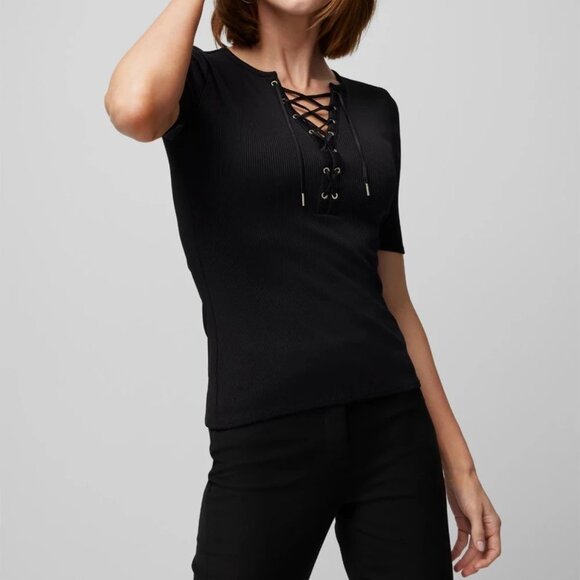 WHBM FORME Short Sleeve Lace Up Criss Cross Black Ribbed Top Size Medium NWT - Picture 2 of 12